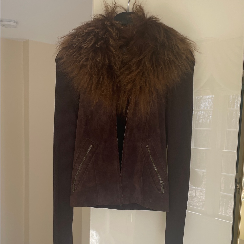 Women's Dark Brown Suede Jacket with Fur Trim
